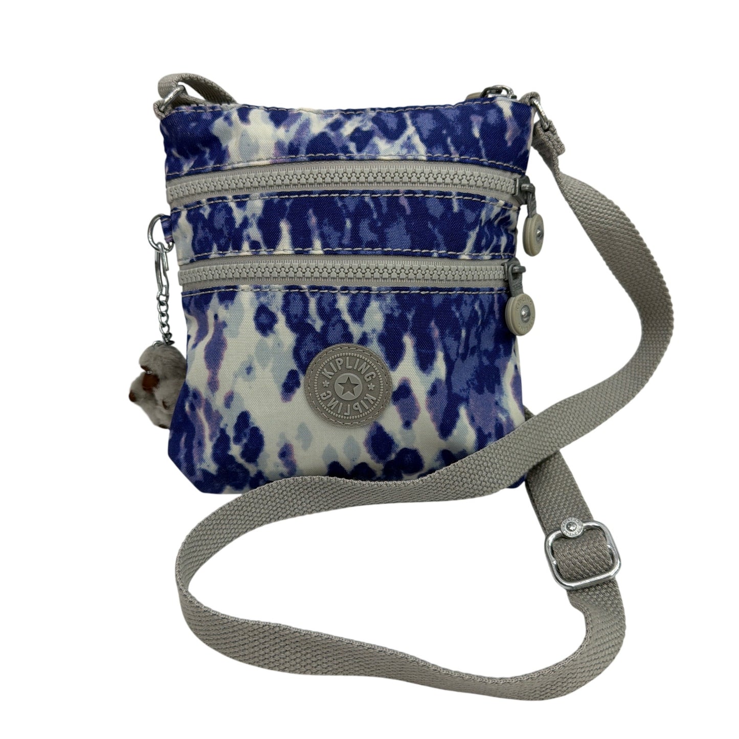 Kipling Small Blue White Print Crossbody Bag With Monkey Keychain