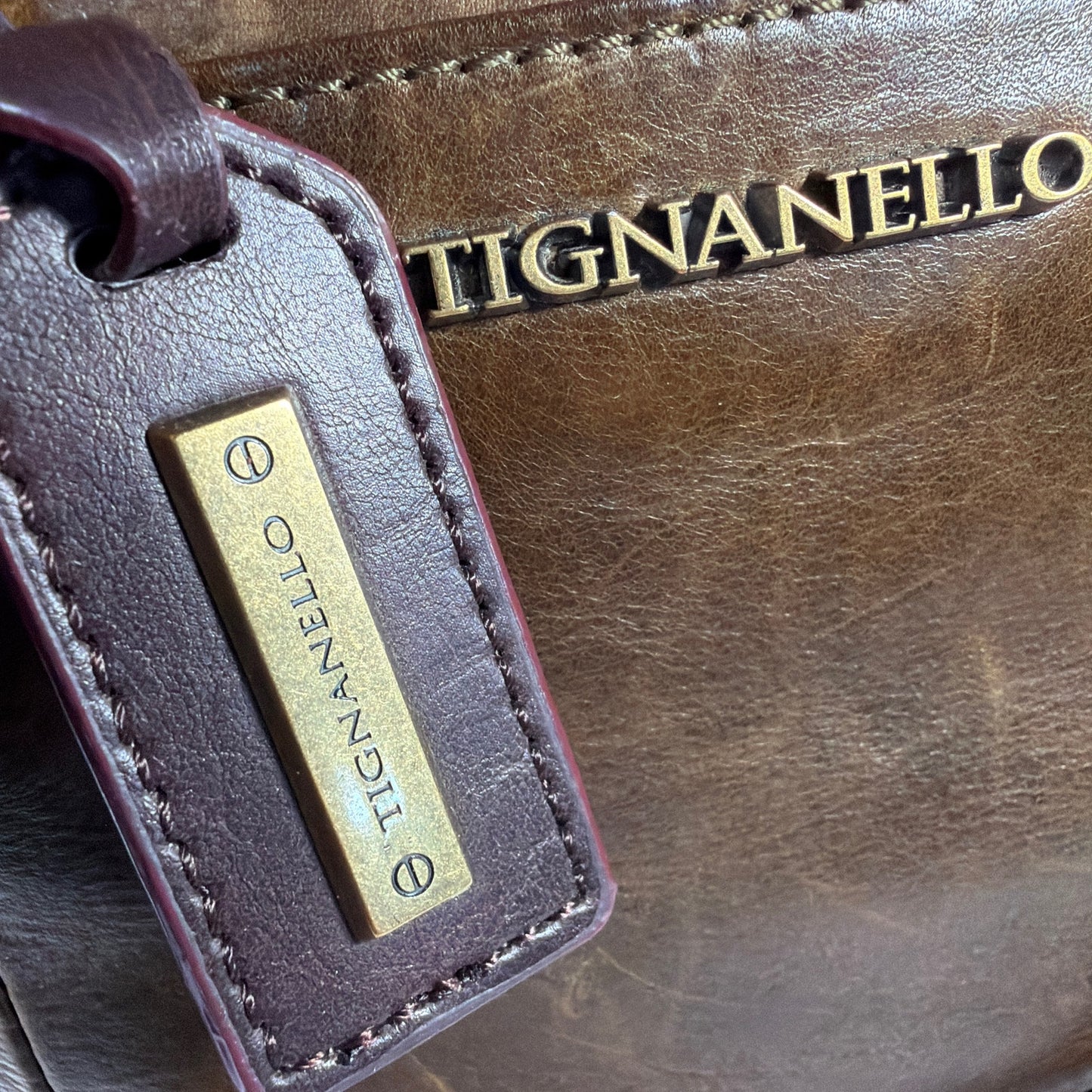 Tignanello Two-Tone Leather Satchel Handbag Brown 14x5x9