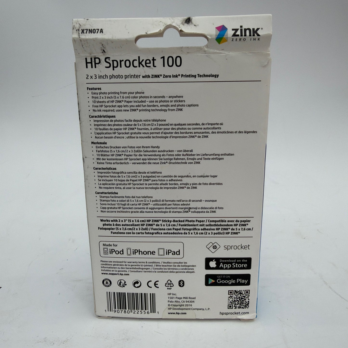 HP Sprocket 100 Portable 2x3 Photo Printer White Rose Gold X7N07A