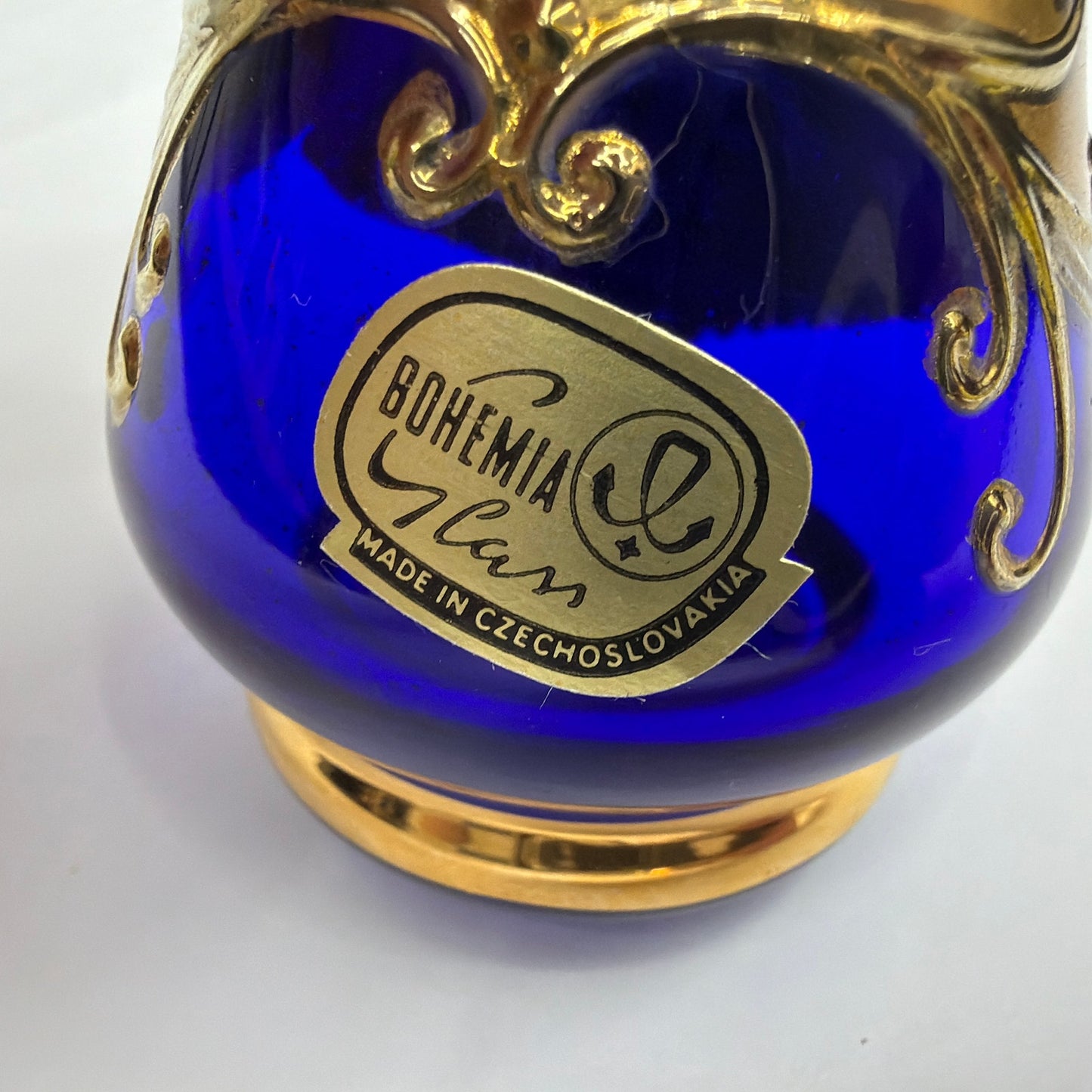 Bohemia Glass Czechoslovakia Cobalt Blue Gold Enamel Floral Bud Vase 3.5 in