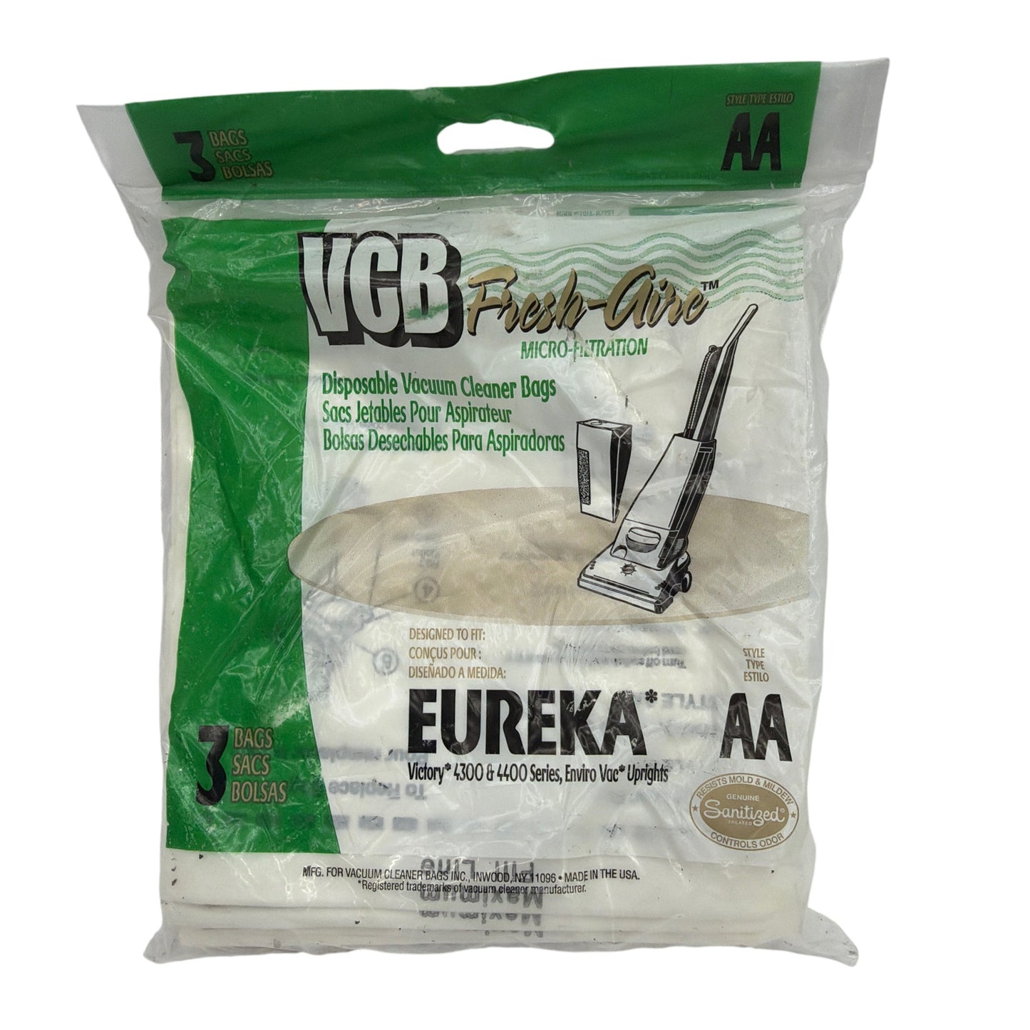 VCB Fresh-Aire Style AA Vacuum Cleaner Bags for Eureka Victory 4300/4400 3-Pack
