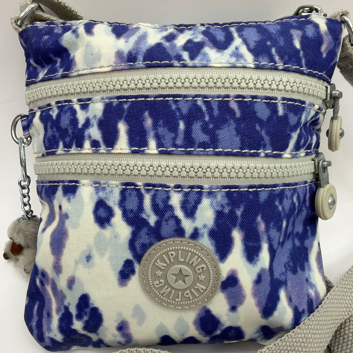 Kipling Small Blue White Print Crossbody Bag With Monkey Keychain
