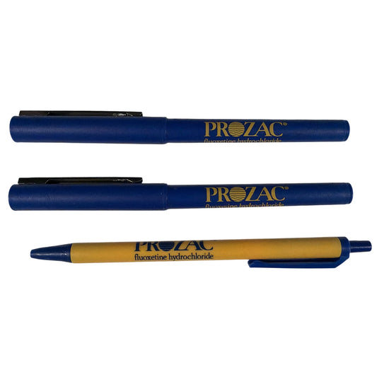 Lot of 3 Prozac Fluoxetine Hydrochloride Promo Pens BIC Micro Metal Blue Yellow