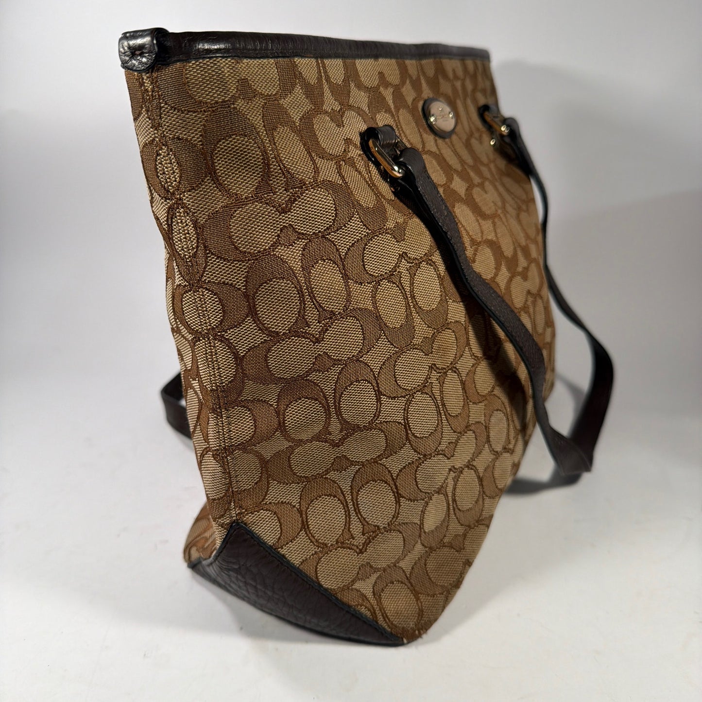 Coach Signature Jacquard Tote Shoulder Bag Brown Tan