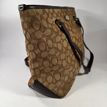Coach Signature Jacquard Tote Shoulder Bag Brown Tan