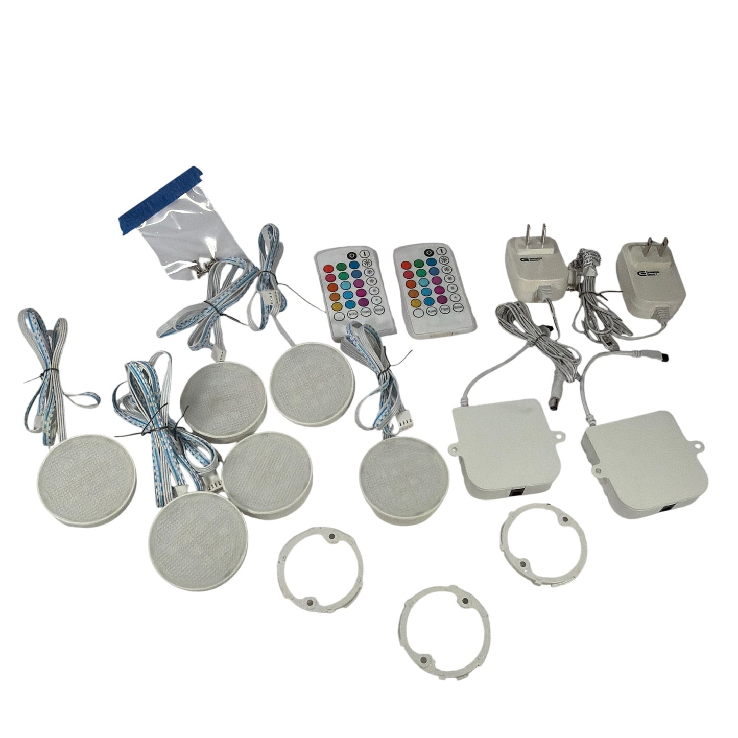 6 RGB LED Puck Lights Under Cabinet Kit w/ 2 Remotes & 2 Power Adapters Tested