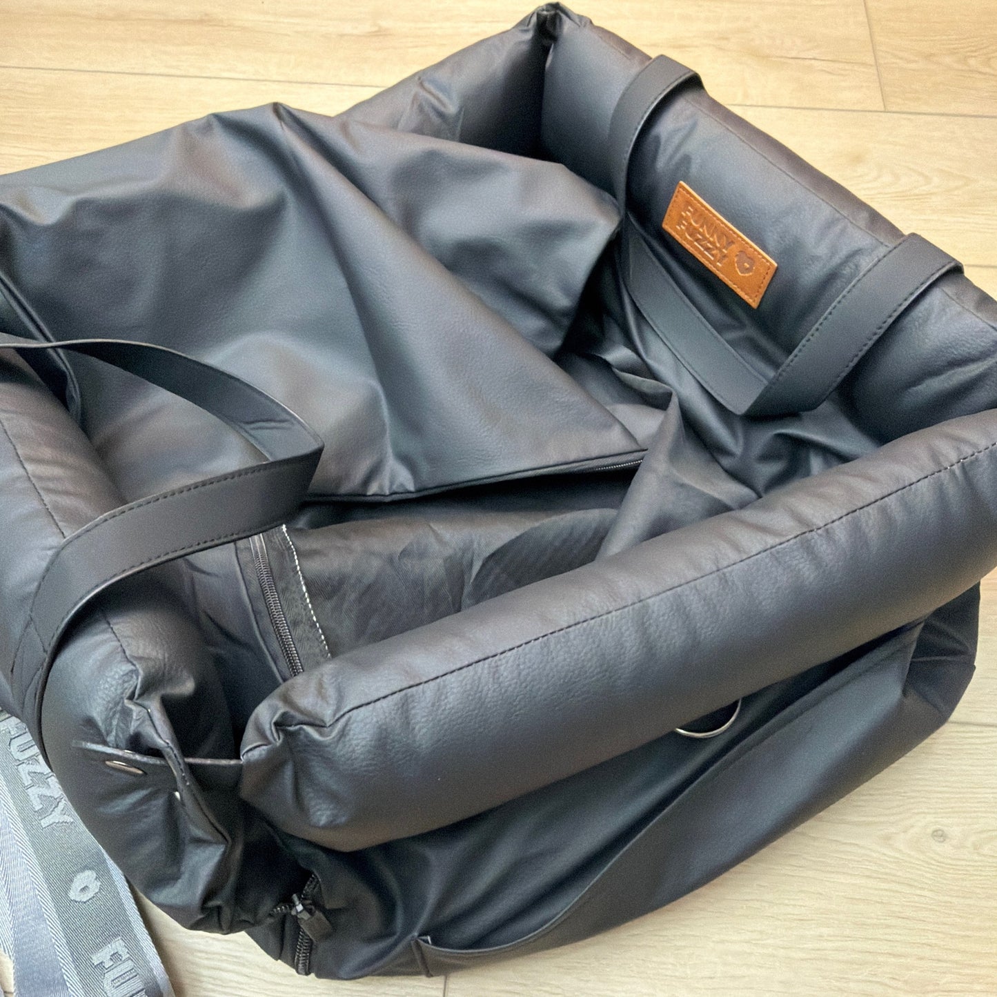 FunnyFuzzy Faux Leather Dog Car Seat Booster Bed with Straps Black/Gray