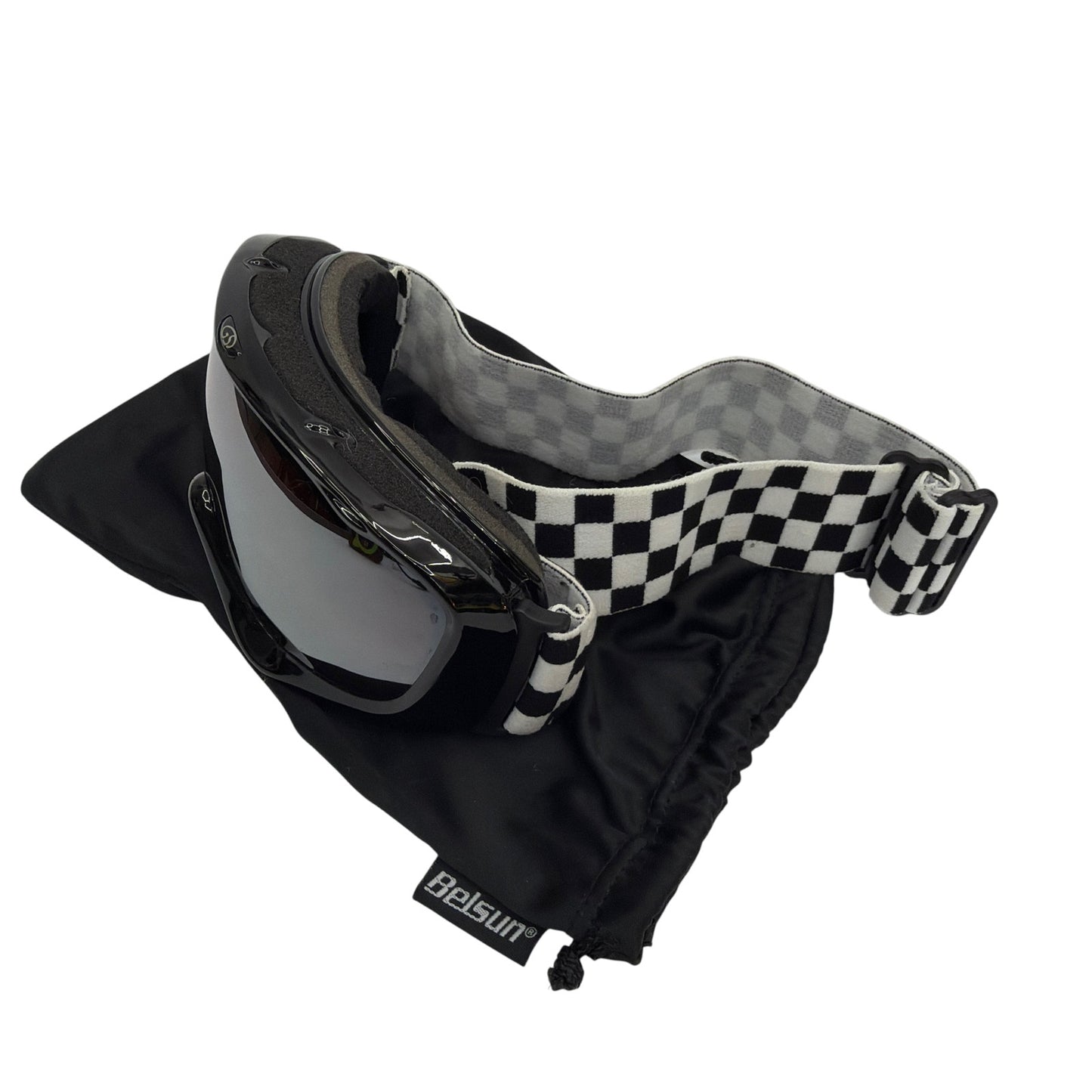 Belsun Youth Ski/Snowboard Goggles Black Frame Checkered Strap w/ Pouch