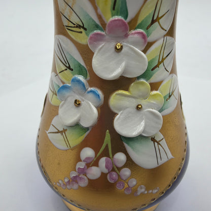 Bohemia Glass Czechoslovakia Cobalt Blue Gold Enamel Floral Bud Vase 3.5 in