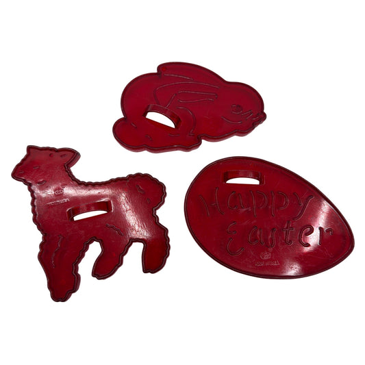 Vintage HRM Red Plastic Easter Cookie Cutters Set of 3 Bunny Lamb Happy Easter