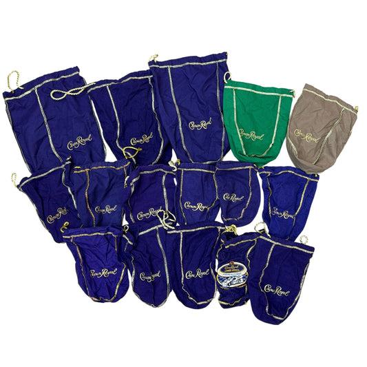 Lot of 16 Crown Royal Drawstring Bottle Bags Mixed Colors Purple Green Tan