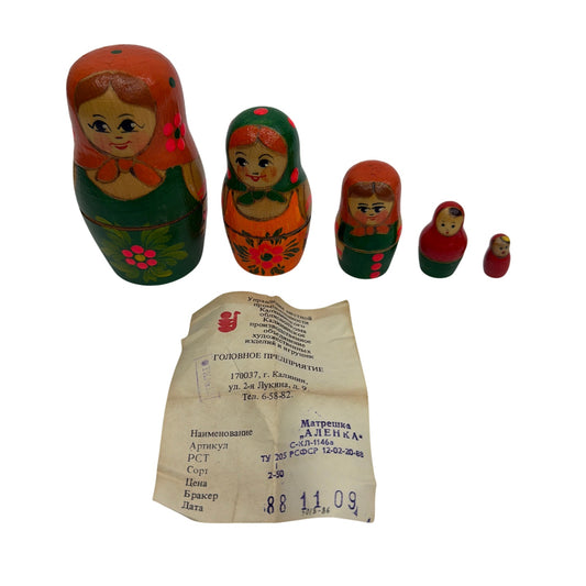 Vintage Russian Matryoshka Nesting Dolls Set of 5 "Alyonka" with Paper Label