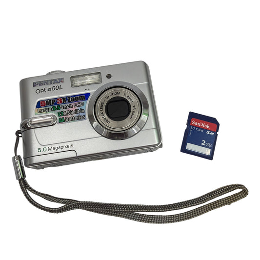 Pentax Optio 50L 5.0MP Digital Camera Silver w/ 2GB SD Card - Tested Working